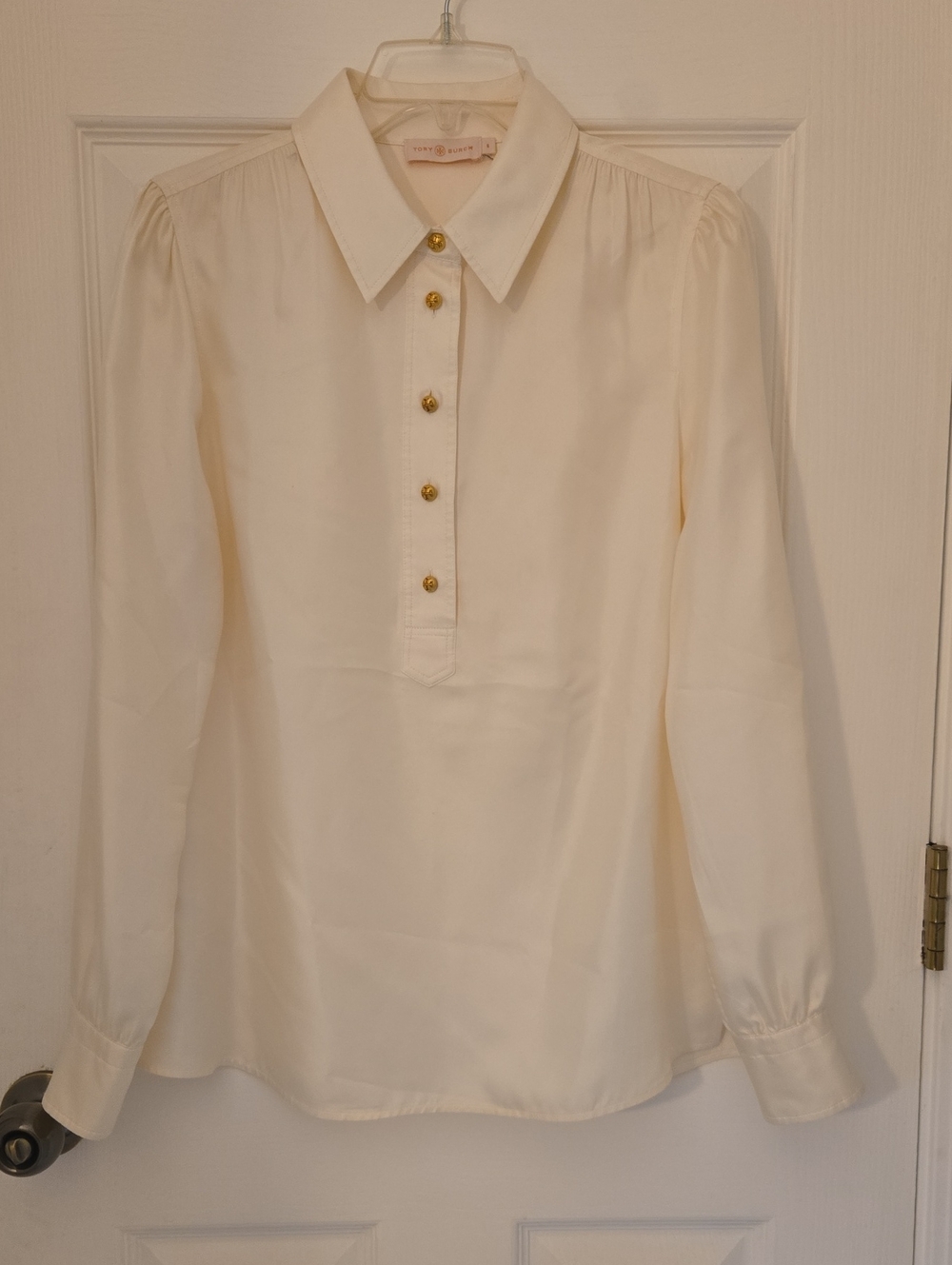 Tory Burch Ivory Silk Long-Sleeve Button Placket Shirt with Gold Buttons